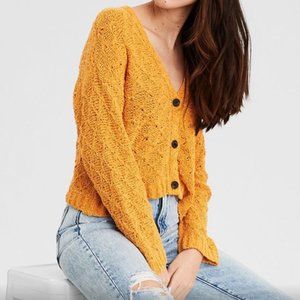 AMERICAN EAGLE Mustard Open Knit Cropped Cardigan Sweater MEDIUM